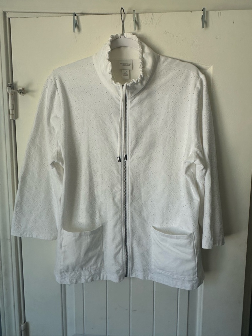 Chico's White Eyelet Embroidered Zip Up Jacket Ruffle Neck - Size 2 Large